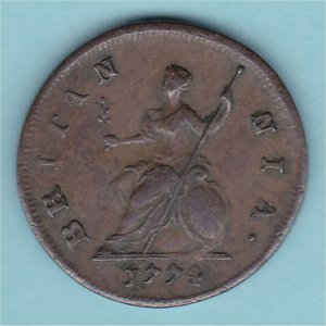 1774 Farthing, George III, gVF Reverse