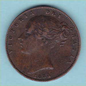 1854 Farthing, Victoria, RARE date, VF