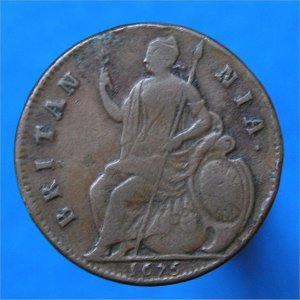 1675 HalfPenny, No Stops, Rare gFine Reverse