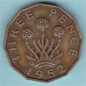 1952 Threepence, George VI, aVF Reverse