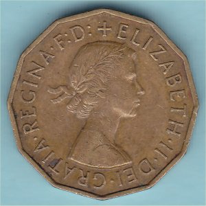 1956 Threepence, Elizabeth II, VF