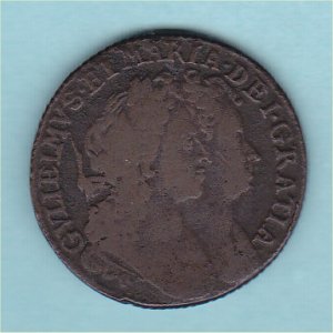 1693 HalfPenny, William and Mary, gF/gVF