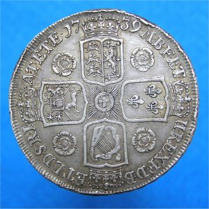 1739 Crown, George II, edgy but EF Reverse