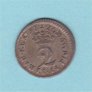 1726 Maundy Twopence, George I, VF+ Reverse