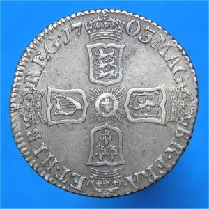 1703 Vigo Sixpence, Anne, aEF Reverse