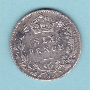 1892 Sixpence, Victoria, nFine Reverse
